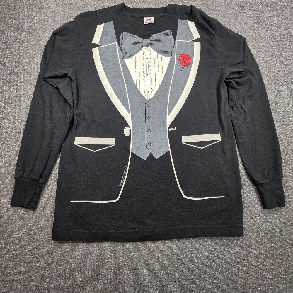 Vintage Black Graphic Tuxedo Shirt Long Sleeve 80's FruitOfTheLoom USA Made Med.